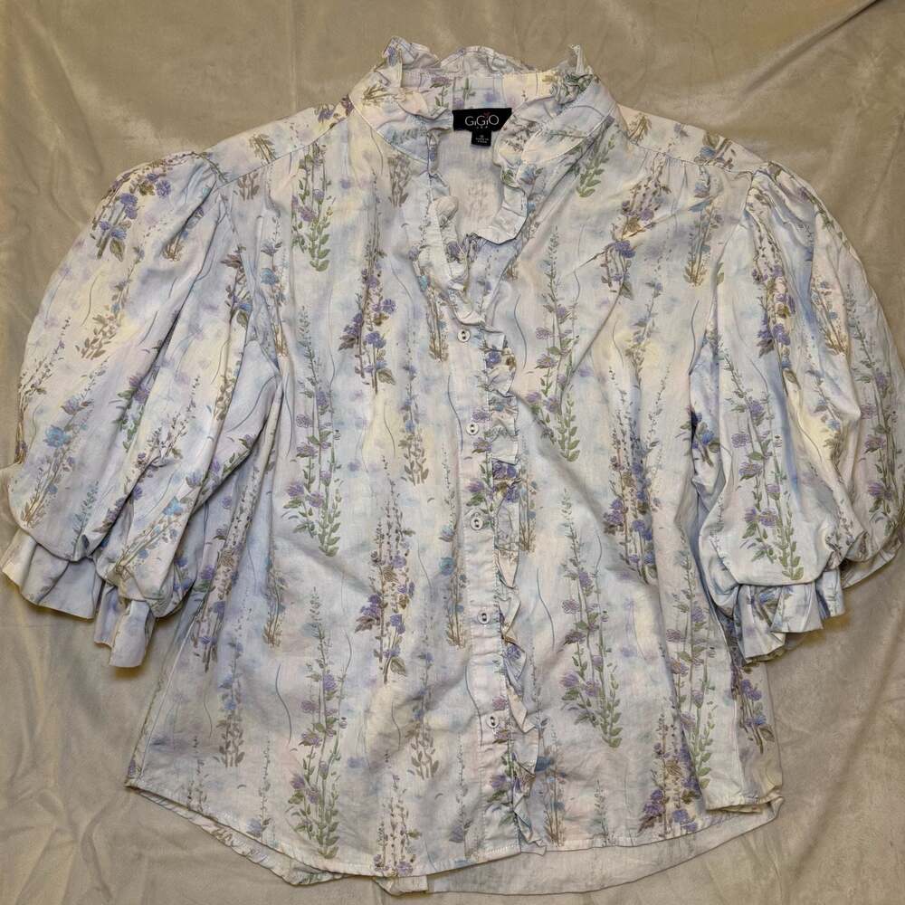 GIGIO Floral Whimsy Puff Sleeve Ruffle Neck Blouse